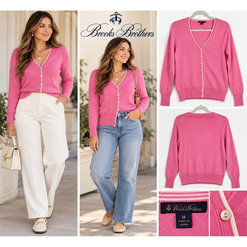 Brooks Brothers Pink V-Neck Button Front Cardigan Sweater White Trim Size M